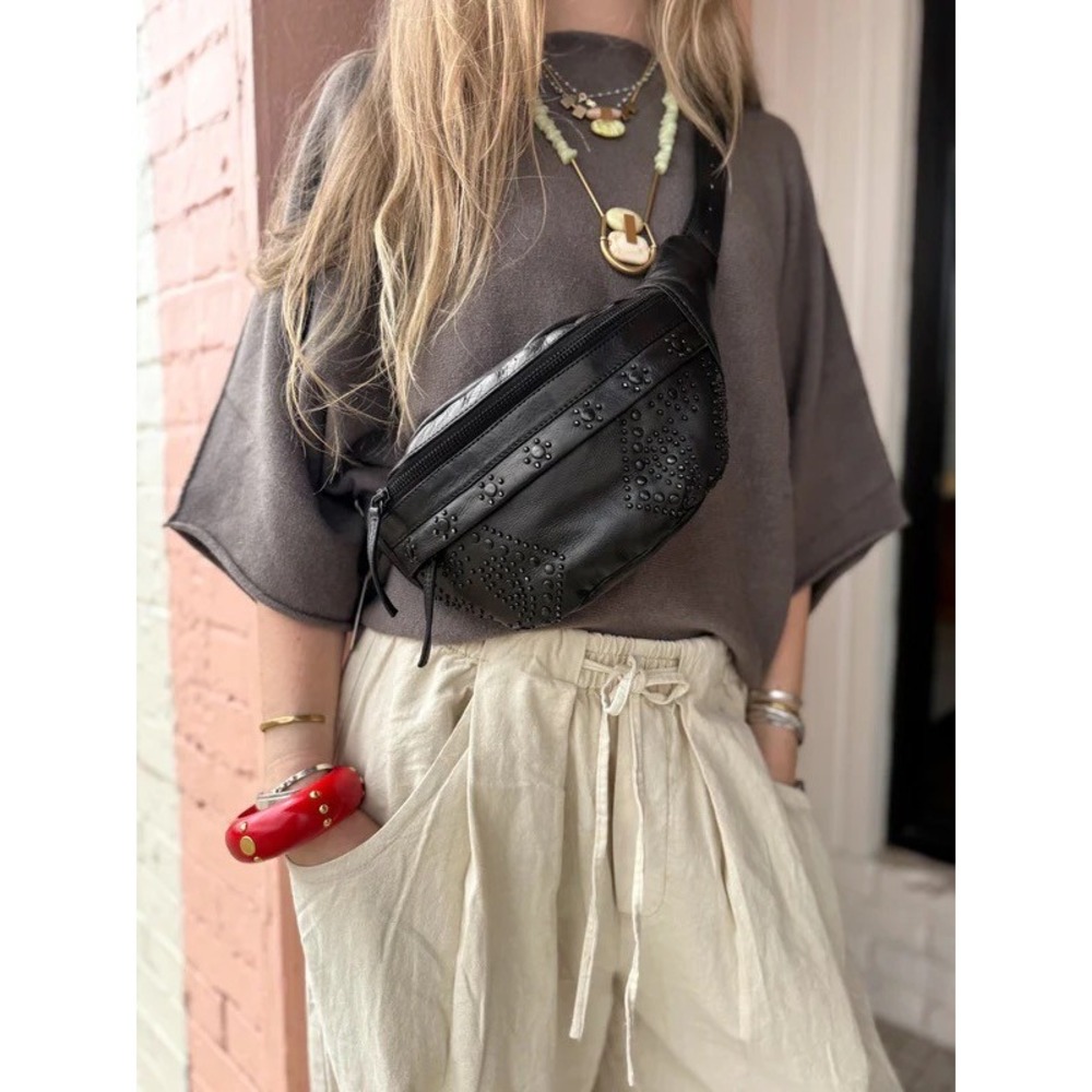 NWT!! FREE PEOPLE Black Leather Ana Adorned Sling Bag Solid Studded Embellished - Picture 6 of 16